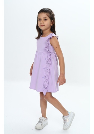 Toontoy Kız Çocuk Fırfır Ve Çıtçıt Detaylı Elbise Lila
