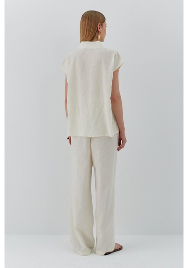 Düğme Detaylı Keten Takım Ekru Ekru