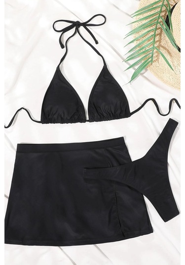 Angelsin Deniz Etekli 3 Lü Bikini Takım Çıkartılabilir Kaplı Siyah