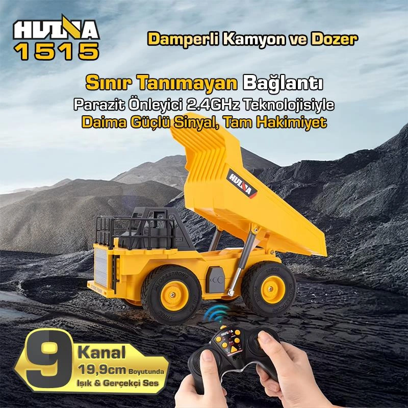 Huına 1515 1/24 9ch Rc Damperli Kamyon & Wheel Loader Dozer Kazıcı Set İş Makinesi İnşaat Uzaktan Kumandalı Rc Model Metal Kepçeli - 2.4g Gerçekçi Similasyon Ses Ve Işık Sistemi