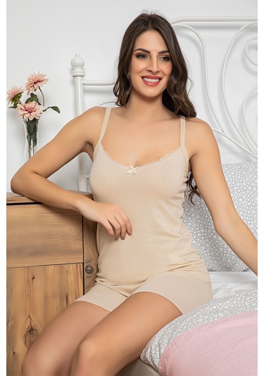 Kadın Krem Renkli Dantel Detaylı Şortlu Ve Taytlı Pijama Takımı 3'lü Set 75014 Krem