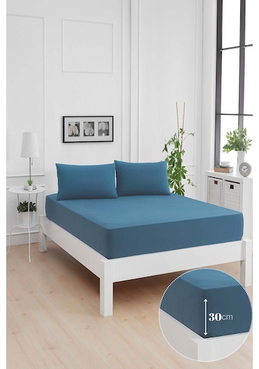 Mirava Premium %100 Pamuk Penye Lastikli Tek Kişilik Çarşaf Takımı 1 Yastık Kılfı Dahil İndgo Mavi 100x200cm Indigo