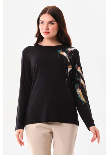 Sistas Kadın Desenli Bisiklet Yaka Uzun Kol Bluz 23598 Siyah