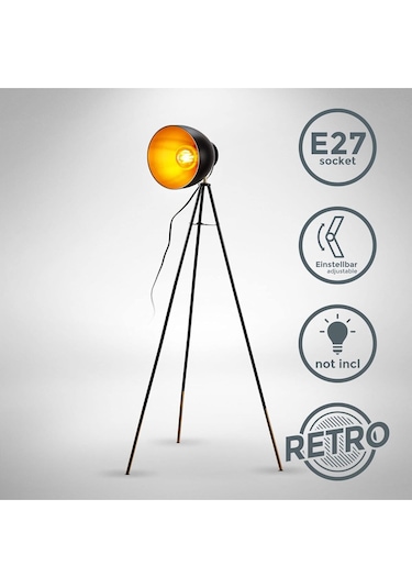 B.k. Licht Ayaklı Lamba Vintage Endüstriyel Tasarım, E27 Duy, 40 Watt, Döndürülebilir Lambader Siyah Diğer