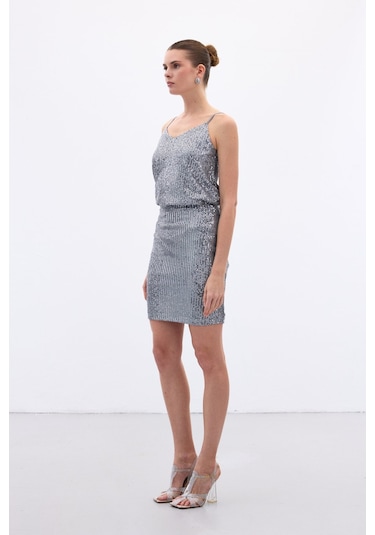 Sateen Payetli Mini Etek - Gri-136650 Gri