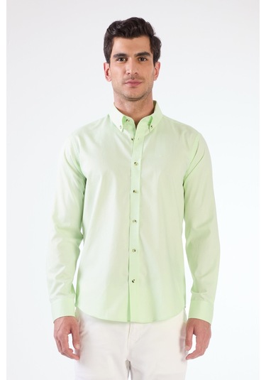 Açık Yeşil Erkek Slim Fit Düz Brent Düğmeli Yaka Uzun Kol Gömlek - 102474 Açık Yeşil