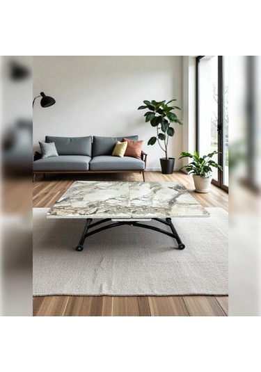 Ortadan Açılır Akıllı Masa Üst Mdf Beyaz Mermer Alt Ayak Siyah