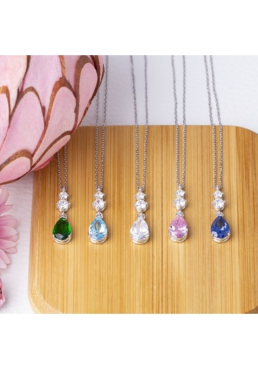 Mavi Damla Model Zirkon Taşlı 925 Ayar Gümüş Kadın Kolye Gümüş - Rodyum