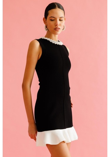 2 Renkli İşleme Detaylı Triko Elbise Nefeli Siyah