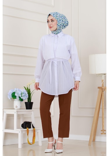 Sevitli Beli Bağcıklı Allerli Taşlı Tunik-beyaz-5222 Beyaz