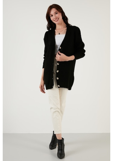 Lela Regular Fit V Yaka Düğmeli Triko Örme Uzun Bayan Hırka 4615044 Siyah