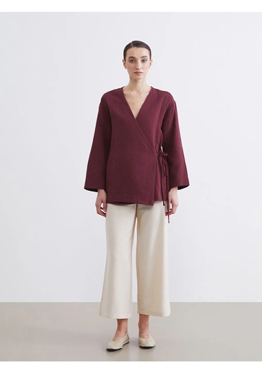 Lc Waikiki Bordo Kruvaze Yaka Kadın Müslin Kimono
