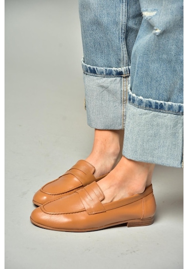 Fox Shoes S944007803 Taba Hakiki Deri Kadın Babet Taba