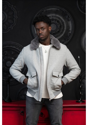 Slimfit Kürklü Sabit Yaka Beli Lastikli Astarlı Kaşe Mont Gri