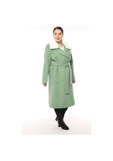 Lady Sharm Natural Kaşmir Astarlı Boynu Vizon Kaban Mint Yeşili