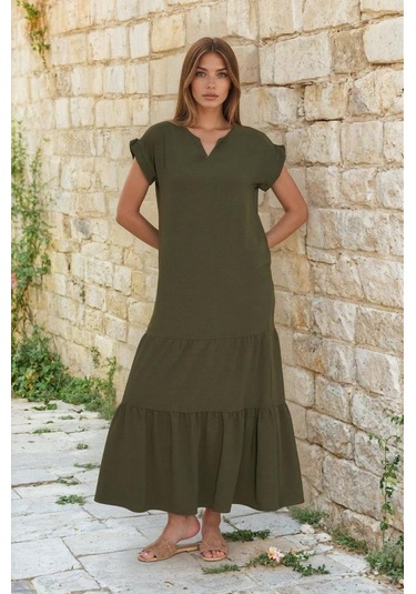 Kadın Uzun Eteği Fırfırlı Kısa Kol Apolet Detaylı Salaş Günlük Rahat Elbise 3761366 Haki