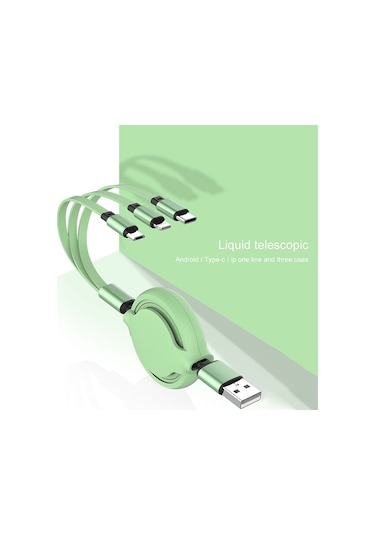 3.5a Sıvı Silikon 3'ü 1 Arada Usb - Usb-c / Type-c 8pin Mikro Usb Geri Çekilebilir Veri Syn Şarj Kablosu Yeşil