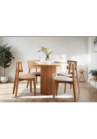 Depp Yuvarlak Ahşap Masa Takımı Bohem 4 Kişilik Mutfak Masa Sandalye Takımı Krem