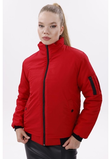 Kadın Astarlı Dik Yaka Mevsimlik Su Ve Rüzgar Geçirmez Mont Kırmızı