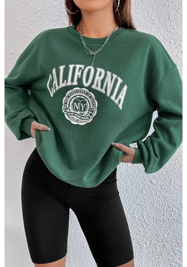 Modagen Unisex Yeşil California Baskılı Bisiklet Yaka Oversize Sweatshirt Yeşilsw
