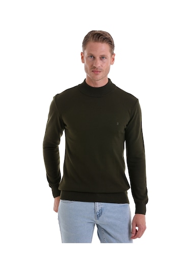 Hatemoğlu Regular Fit Düz Yarım Balıkçı Yaka Erkek Triko Kazak Haki