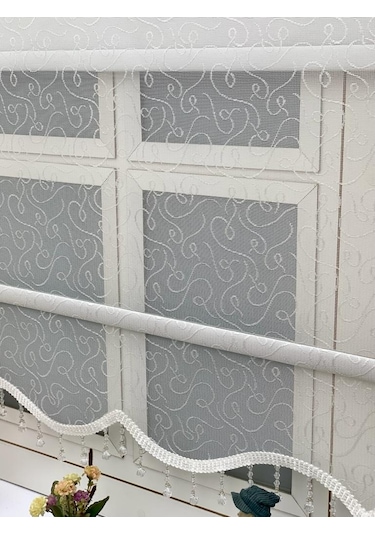 Ekru Spor Desenli Çift Mekanızmalı Tül Stor Perde (125402906)