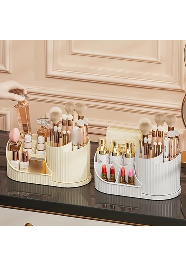 Meridiangoods 360 Dönen Beyaz Makup Organizatör Kutusu - Fırçalar, Rujlar, Cilt Bakımı İçin Kompakt Beyaz