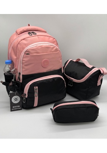 İlk Okul Çantası 3'lü Seti Unisex Çocuk İlkokul Çantası Bvt-8010 Pudra-siyah Pudra