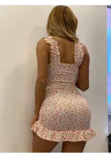 Çiçek Desenli Askılı Mini Elbise-beyaz-çiçek Desenli