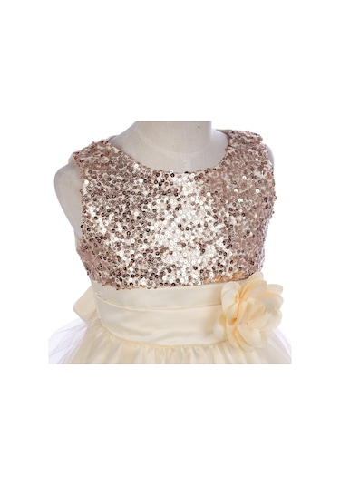 Kız Çocuk Pullu Payetli Abiye Elbise-Altın