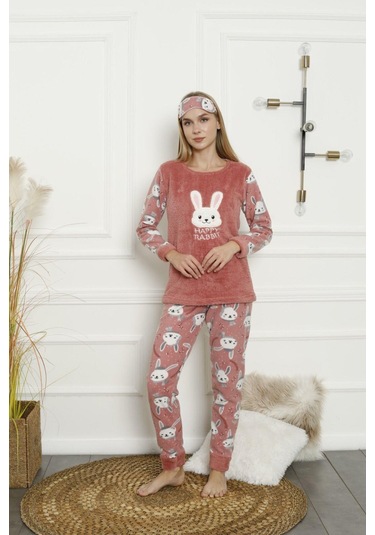 Kadın Uzun Kollu Alt Polar Üst Kışlık Pijama Takımı 02164 Füme