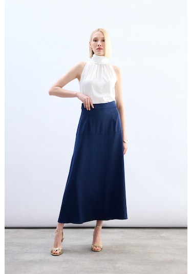 Sateen Yüksek Bel Saten Etek - Lacivert-136785 Lacivert