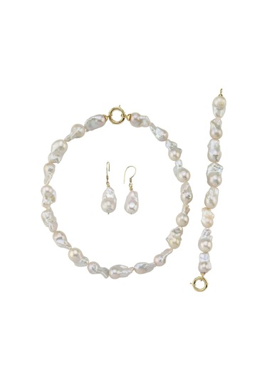 22,5 Mm Barok İnci Kolye Bileklik Küpe Üçlü Set 50 Cm / Sarı Gümüş