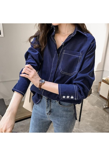 Koyu Mavi 2023 Moda Gevşek Tembel Gömlek Kadın Uzun Kollu Vintage Katı Altlık Trendi Koyu Mavi