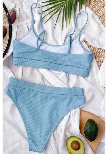Angelsin Yüksek Bel Fitilli Kumaş Bikini Altı Mavi