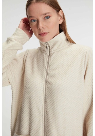 Fermuarlı Uzun Kol Sweatshirt Pantolon Takım Viskon Ve Pamuklu Pijama Takımı Ten