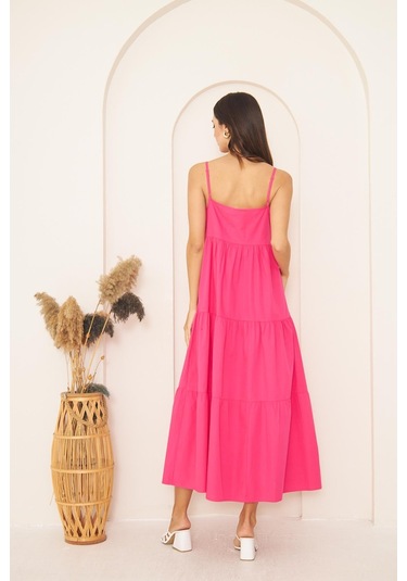 Fuşya İnce Askılı Katlı Elbise Dm1034 Fuşya