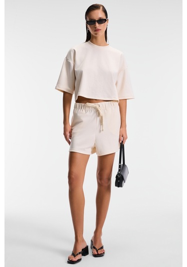 Grımelange Vela Kadın Esnek Kumaşlı Bisiklet Yaka Oversize Fit Bej T-shirt Bej