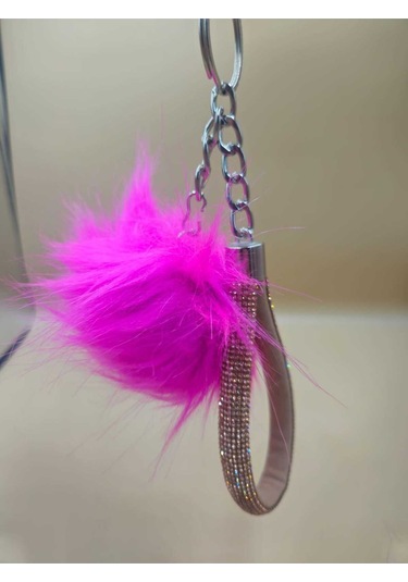 Camel Taşlı Tilki Tüyü Fuşya Angel Anahtarlık