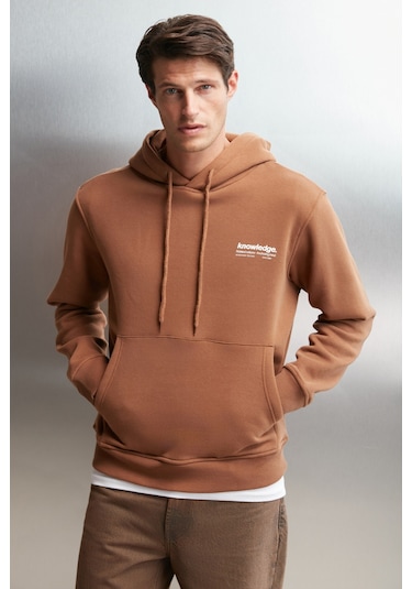Grimelange Martel Erkek Yumuşacık Içi Polarlı Baskılı Regular Kordonlu Açık Kahverengi Sweatshirt