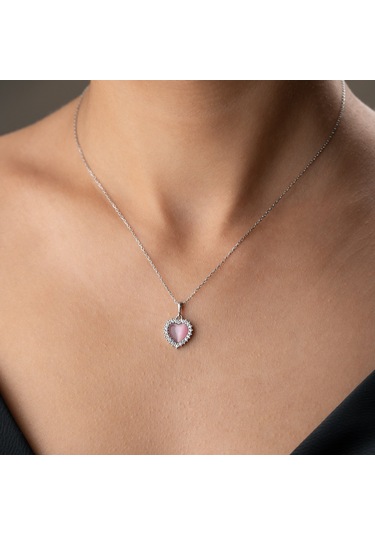 925 Ayar Gümüş Taşlı Bombeli Kedi Pembe Gözü Kalp Kolye Gümüş