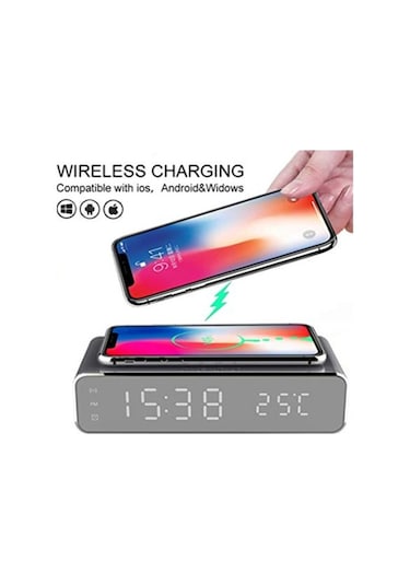 Novahub Çok Fonksiyonlu Kablosuz Şarj Saati: Led Ekran, Termometre, Alarm, Gece Lambası, Gümüş Renk, Masaüstü Şarj Ve Saat