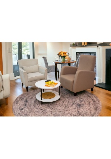 Yüksek Kalite Orta Sehpa 2 Raflı Ahşap Ayaklı Yuvarlak Gazetelikli Dekoratif Lüks Sehpa Beyaz