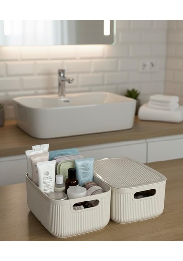 Okyanus Home Linea Smart Box Bej 2,4 Lt 2 Adet Kapaklı Çok Amaçlı Saklama Kutusu Bej