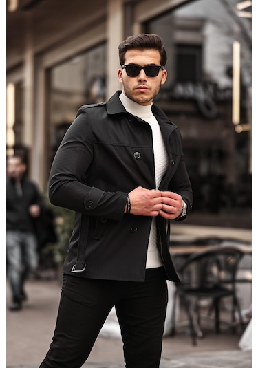 Mero Life Erkek Siyah Mevsimlik Astarlı Kemerli Kruvaze Trençkot Siyah