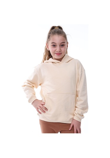 Zuzunga Basic Kapüşonlu Şardonlu Kanguru Cep Detaylı Çocuk Sweatshirt 3-10 Yaş Ekru
