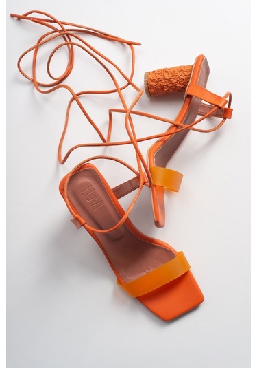 Tanya Turuncu Cilt Şeffaf Bantlı Bağcıklı Kadın Topuklu Sandalet Turuncu