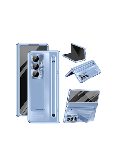 Samsung Galaxy Uyumlu Z Fold7 5g Kılıf, Temperli Cam Filmli, Kalemli, Ayaklı Menteşeli Pc Telefon Kılıfı - Mavi Mavi