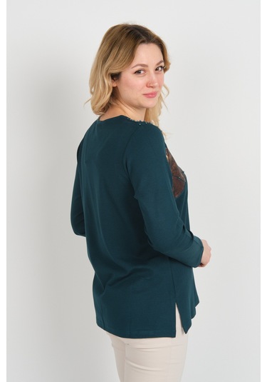 Detay Triko Kadın Boncuk İşlemeli Parlak Desenli Uzun Kol Anne Bluz 5744 Zümrüt Zümrüt