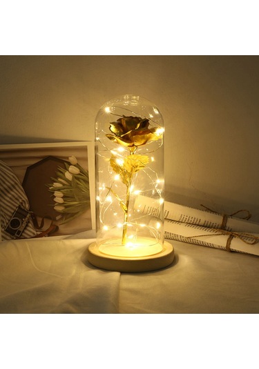 Geeksen Kurutulmuş Gül Led Işık Cam Kapak Ahşap Taban - Doğum Günü, Düğün, Sevgililer Hediye Altın